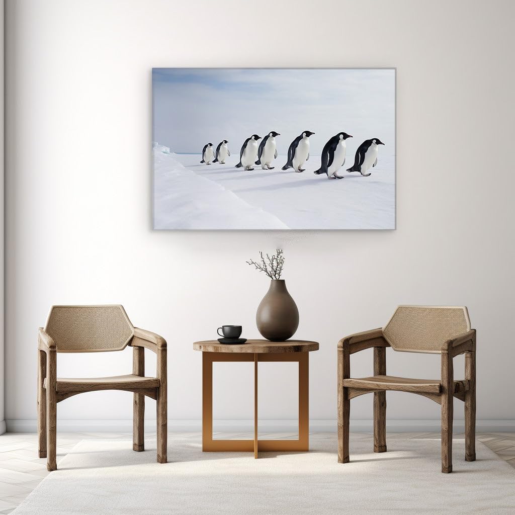 Canvas for Living room. March of the Tranquil Penguins: A Snapshot of Serene Harmony, 27 x 18 inch Canvas Wall Art - Expansive Panoramas - Modern Home Decor - 91x61 cm (36x24 inch)