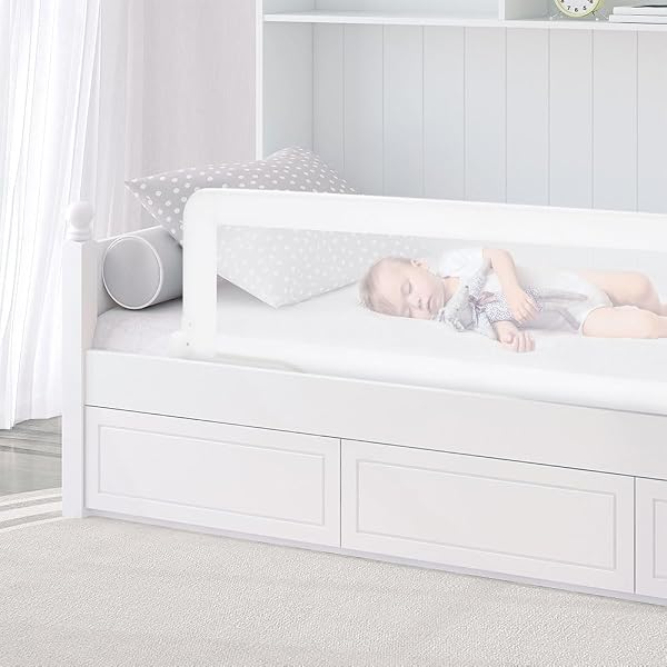 Asalvo Barrera de Cama 2 en 1 de 150 cm para Niño - Abatible con Correas Ajustables + Apta para Cama Nido + Instalación Fácil y Lavado Sencillo - Protección Segura y Estable - Blanco - 2