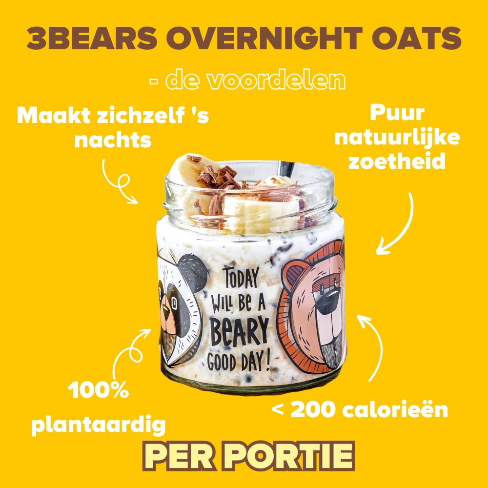 3Bears Overnight Oats Banana Split I 4 bustine di porridge vegano da 400 g con avena integrale I Colazione deliziosa, per una notte in frigorifero I Porridge per la colazione senza zucchero, preparato