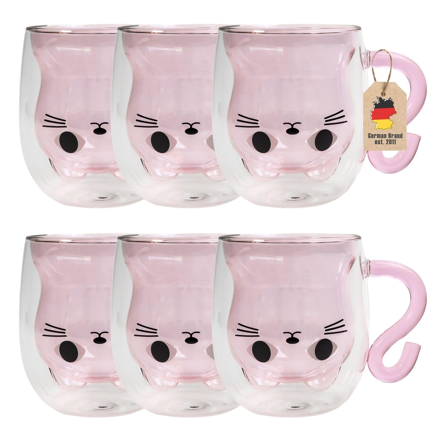 INTIRILIFE 6x Thermo Glas Doppelwandig mit Design Katze in Pink - 200ml Füllmenge - Isolierte Tassen Becher aus Glas hitzebeständig für kalte und heiße Getränke Kaffeetasse Teetasse Trinkglas