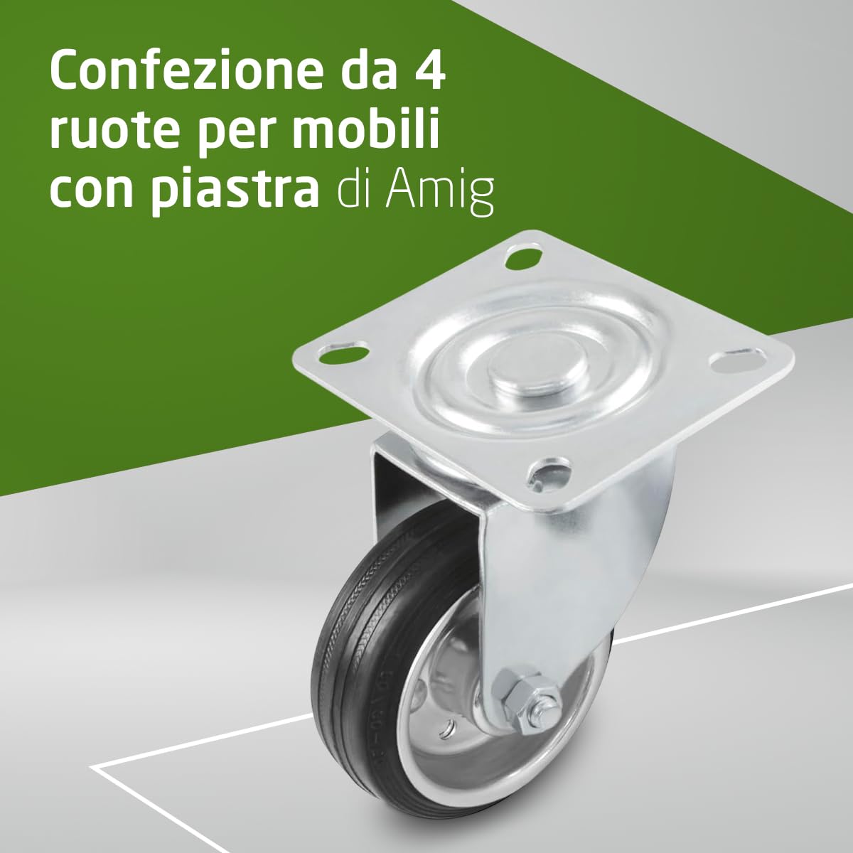 Amig - Set di 4 Ruote per Mobili - Ø 100 mm - Portata Massima per Ruota 90 kg - Piastra in Acciaio - Realizzate in Gomma - Senza Freno - Ideali per Spostare Attrezzature Industriali e Mobili Pesanti
