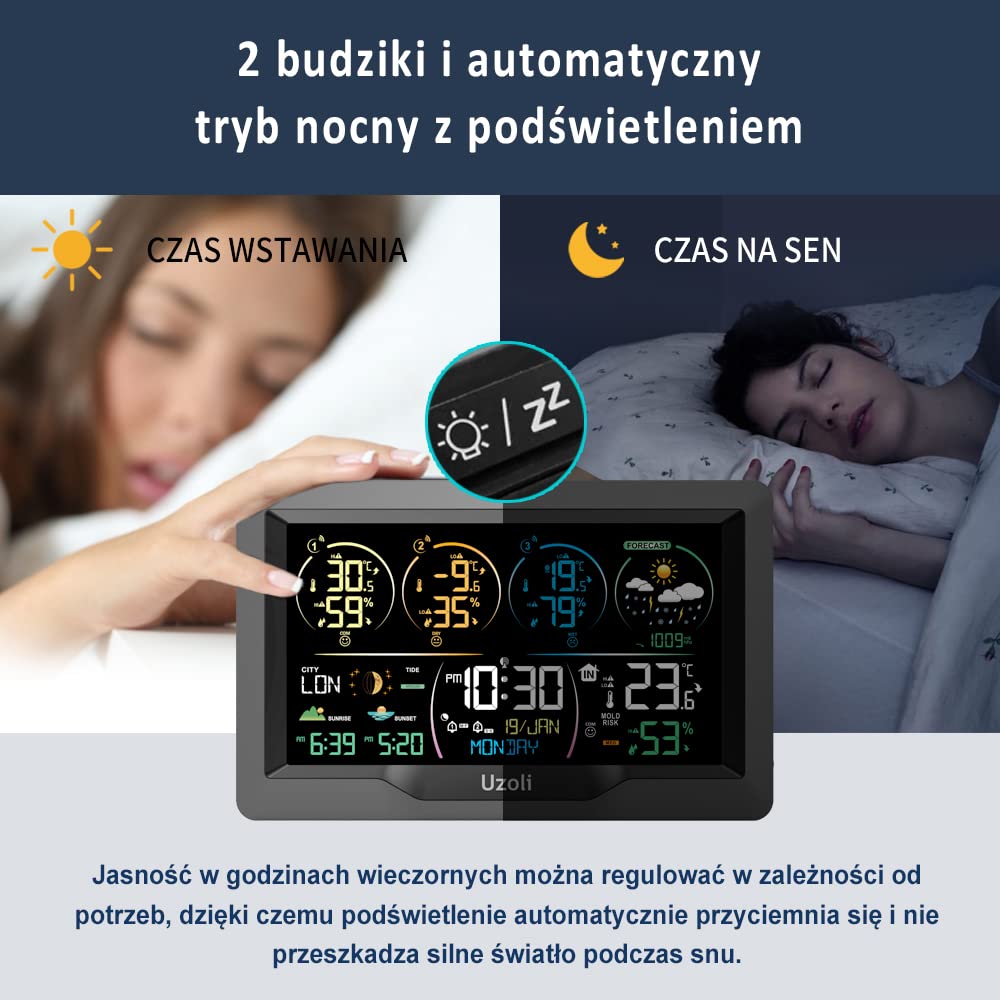 Uzoli Radiowa stacja pogodowa z 3 czujnikami zewnętrznymi, zegar radiowy, kolorowy wyświetlacz, prognoza pogody, termometr, ciśnienie powietrza, wschód i zachód słońca, pływy i fazy księżyca