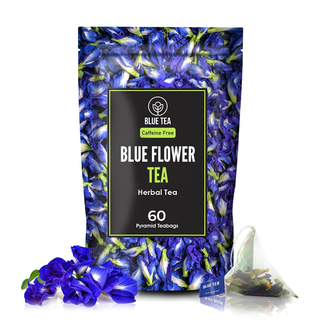 BLUE TEAButterfly Pea Flower Tea - 60 Count - Pyramid Plant Based Tea Bag | ANTIOXIDANT RICH | Caffeine Free - Flower Based - Herbal Tea - Chemical Free - Non Bitter | Zipper Pack