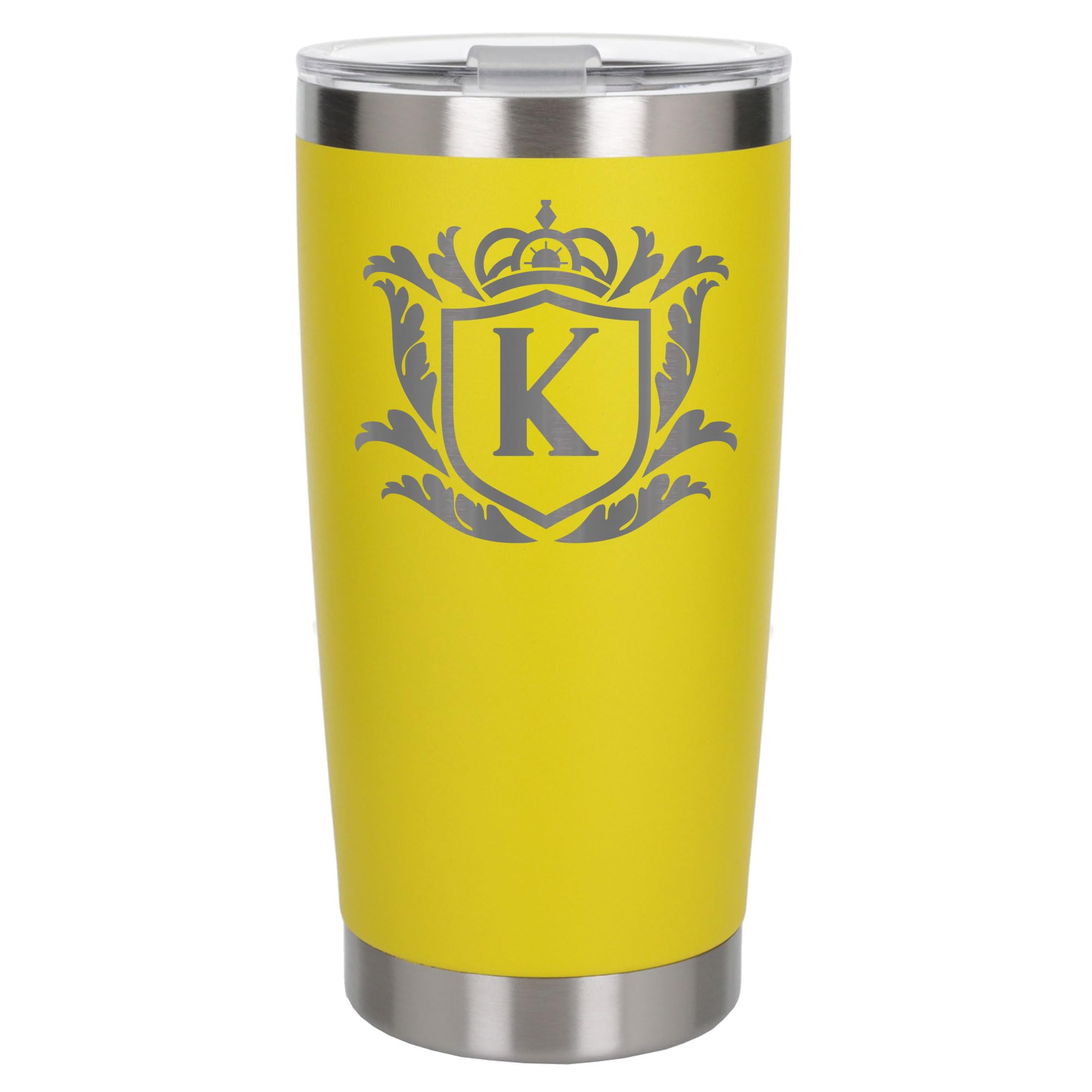 Customised Gifts 500ml Engraved Shield Initial Monogram Insulated Personalised Yellow Travel Mug for Men and Women - Personalised Initial Coffee Travel Mug for Hot and Cold Beverages, Letter K
