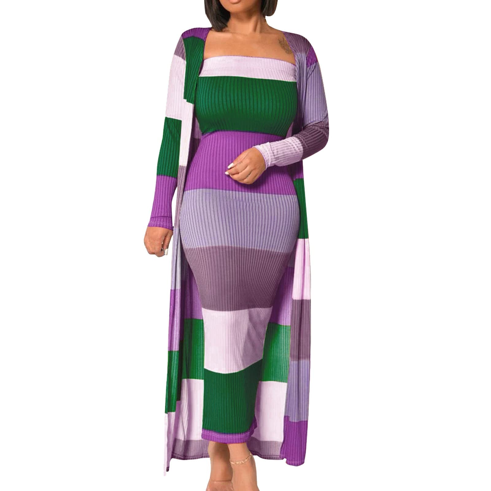Autunno Inverno Moda Donna Casual Temperamento Colore Abbinato Cappotto Stampa E Gonna Lunga Abito A Due Pezzi