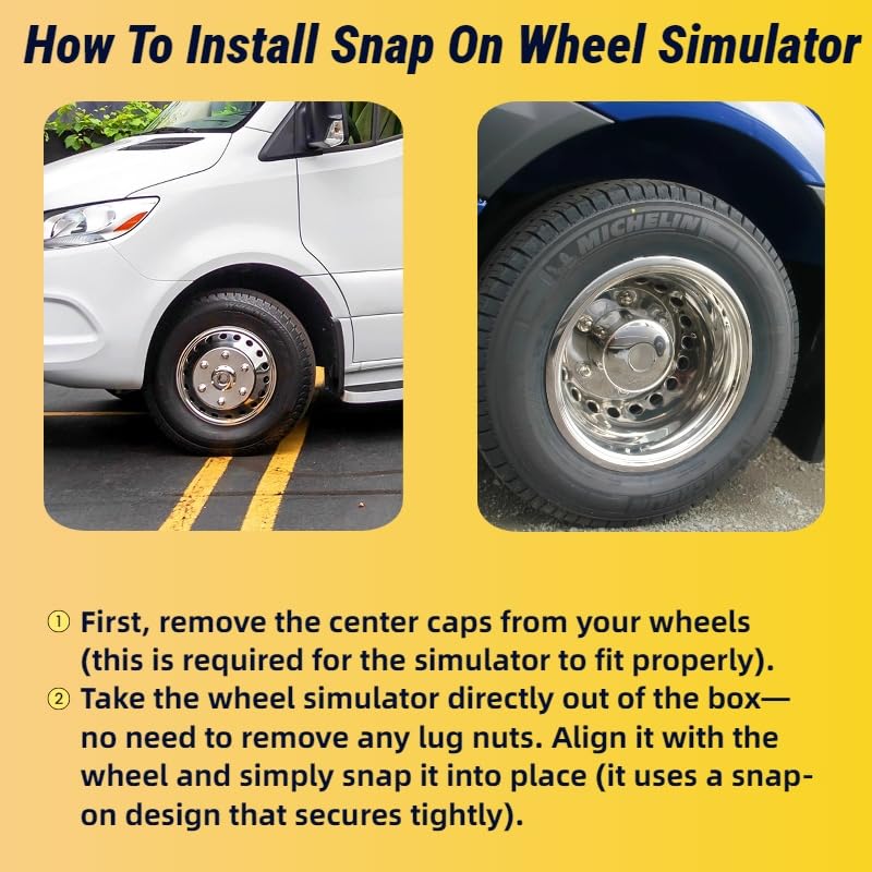 Image of 16 inch Wheel Simulator fit for 2007-2025 Dodge, Mercedes and Freightliner Sprinter Van, 4pcs Waterproof Protective Snap on Hubcaps 6 Lug 18 Hand Hole Polished Stainless Steel Dually Covers 6K06R