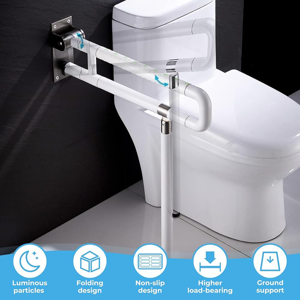 Barre D'appui Wc,Barre Support Mural,Barre Dappui Wc Handicapé,arre D'appui Douche Pliable Salle Avec Un Anneau Lumineux,Rotation Verticale à 90°,pour Salle de Bains,handicapés (blanc, 70cm)