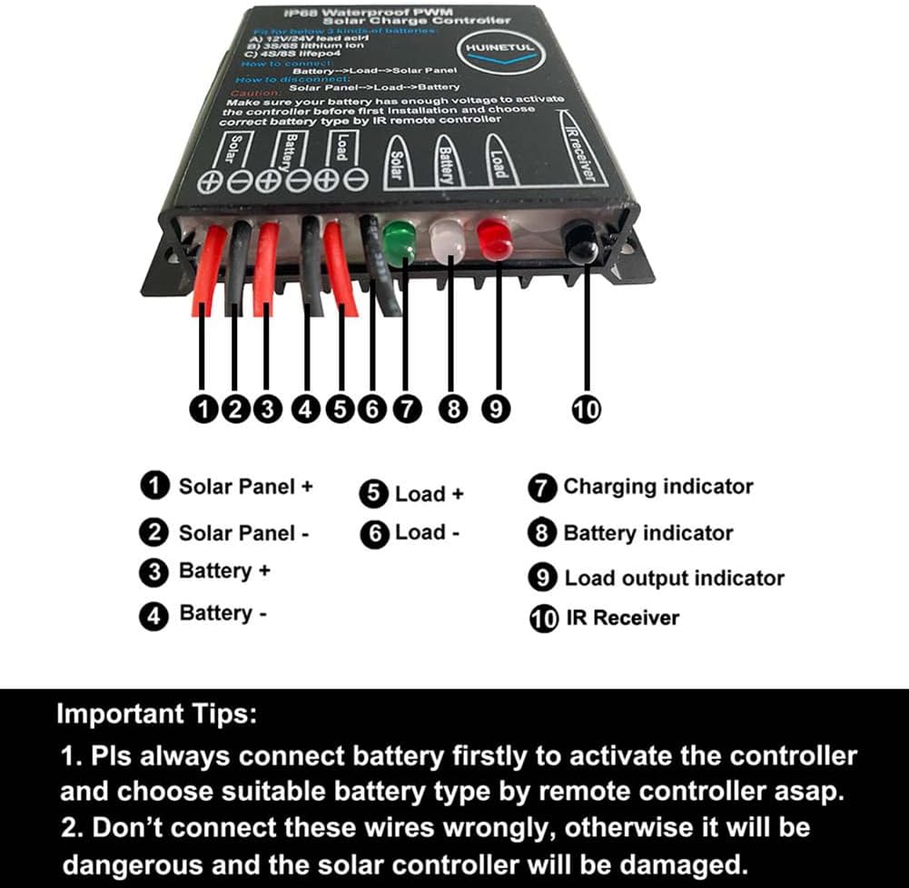 10A IP68 Waterproof Solar Charge Controller 12V 24V PWM Solar Panel Battery Charge Controller with IR Remote Control for Lithium Ion Lifepo4 Lead Acid Battery 24hrs Dust to Dawn Timer