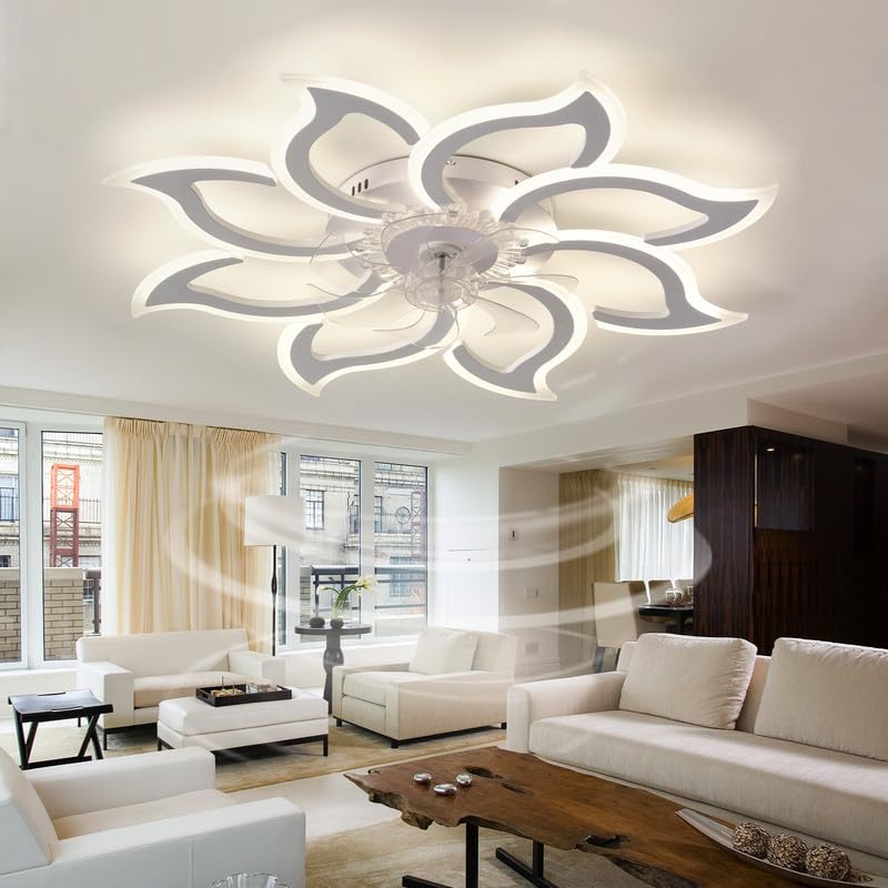 LED Ventilatore da Soffitto con Luce Grande Camera da Letto Dimmerabile Plafoniera Ventilatore Reversibile Moderno Telecomando Silenzioso Lampadario Ventilatore Fiore Smart 6 velocità-Blanc