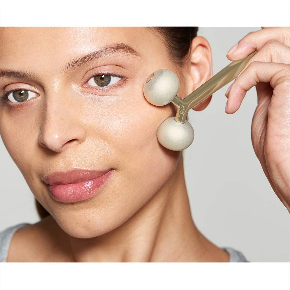 Facial Cooling Metal Gold Roller Massager, Contours Jawline, Promotes Lymphatic Drainage & Puffiness Reducer. Brighter, Smoother, Tighter Neck & Face Gym Exercise Anti-Aging, Not Jade.