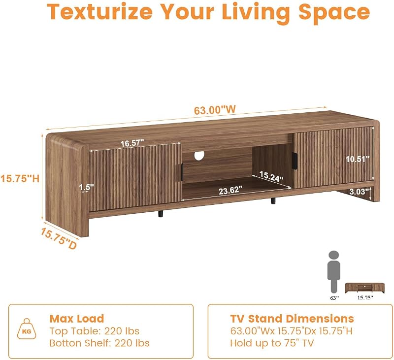 FATORRI TV Stand for 75/65/55 Inch TVs, Farmhouse Entertainment Center with Storage, Wood Waveform Fluted-Door Television Media Console for Living Room,Bedroom (63" W, Walnut) image 3