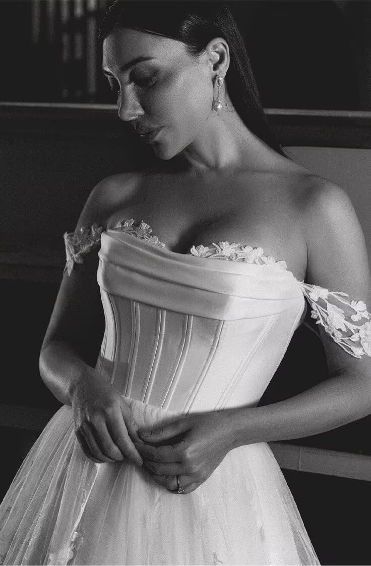 Off Shoulder Lace Applique Wedding Dress for Bride Strapless A-Line Satin Pleated Tulle Bridal Ball Gown with Corset - Image 6