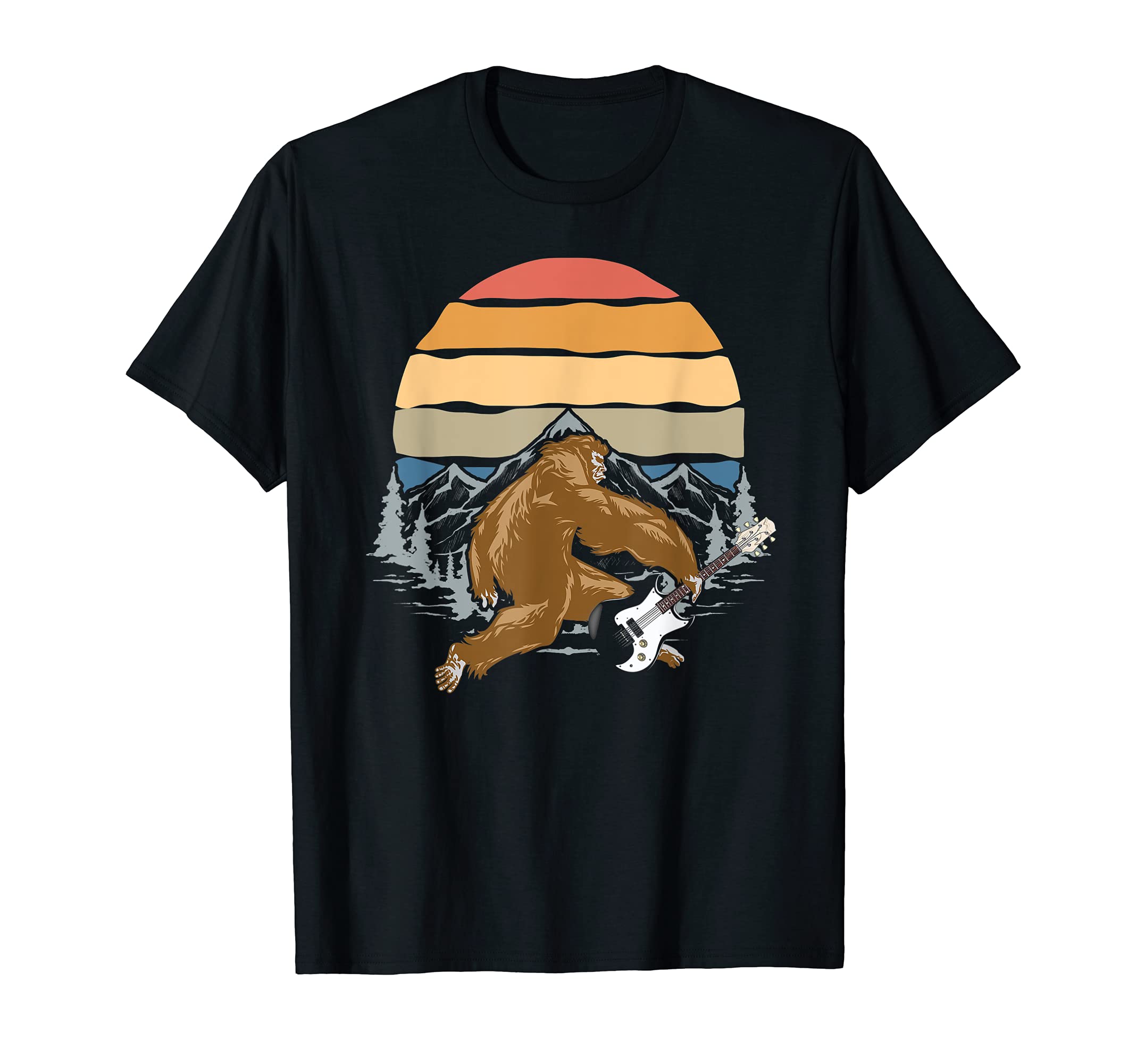 Retro Guitarist Bigfoot Sasquatch Guitar Player Funny Guitar T-Shirt, Black