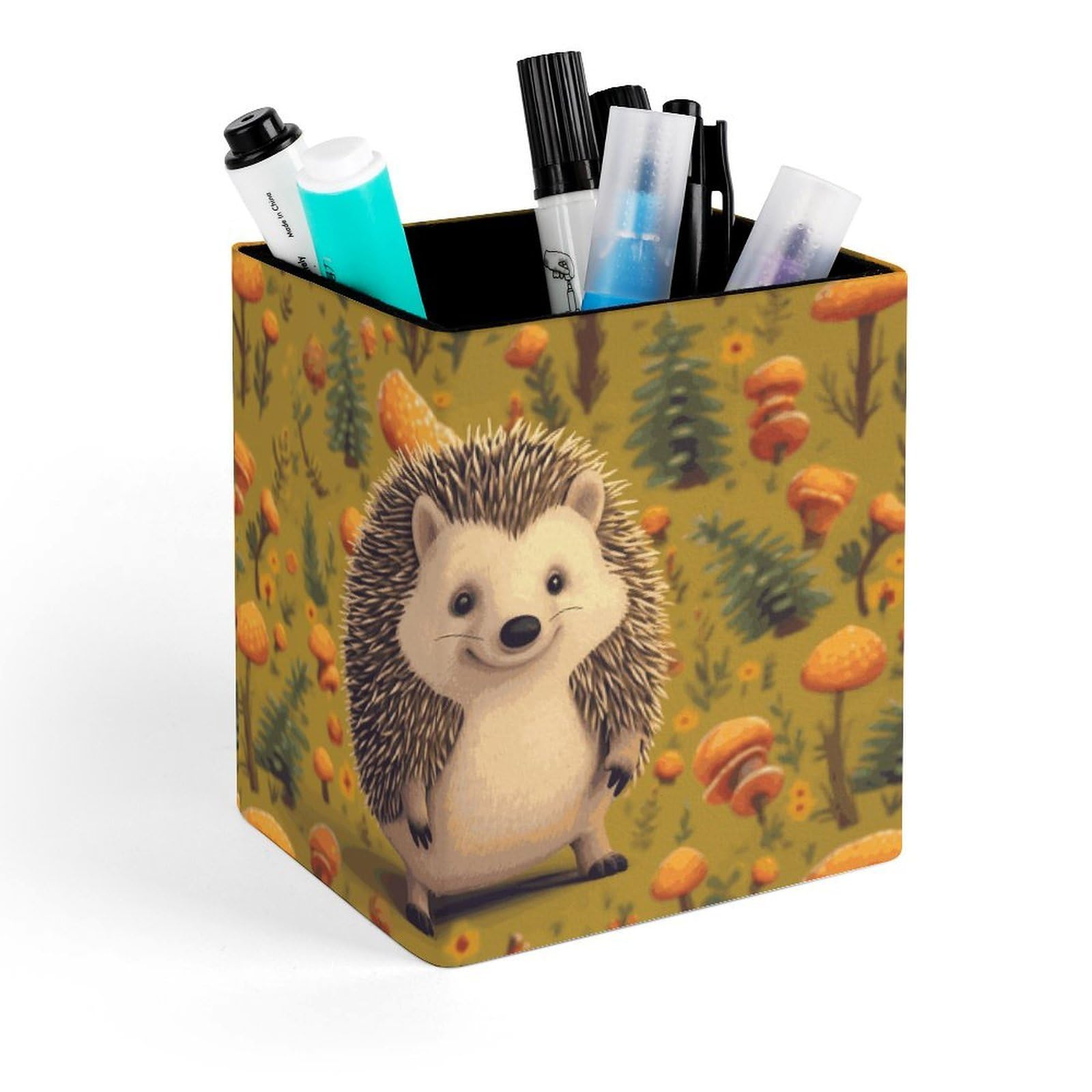 DWVTSLH Aesthetic Pen Holder for Desk - Modern Leather Pencil Holder - Stylish Square Makeup Brush Holder - Hedgehog Pen Cup Cute And Functional Desk Organizer for Office Supplies