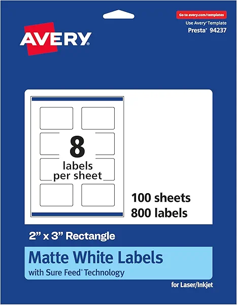 Avery Matte White Rectangle Labels, Sure Feed Technology, 2" x 3", 800 Matte White Printable Labels