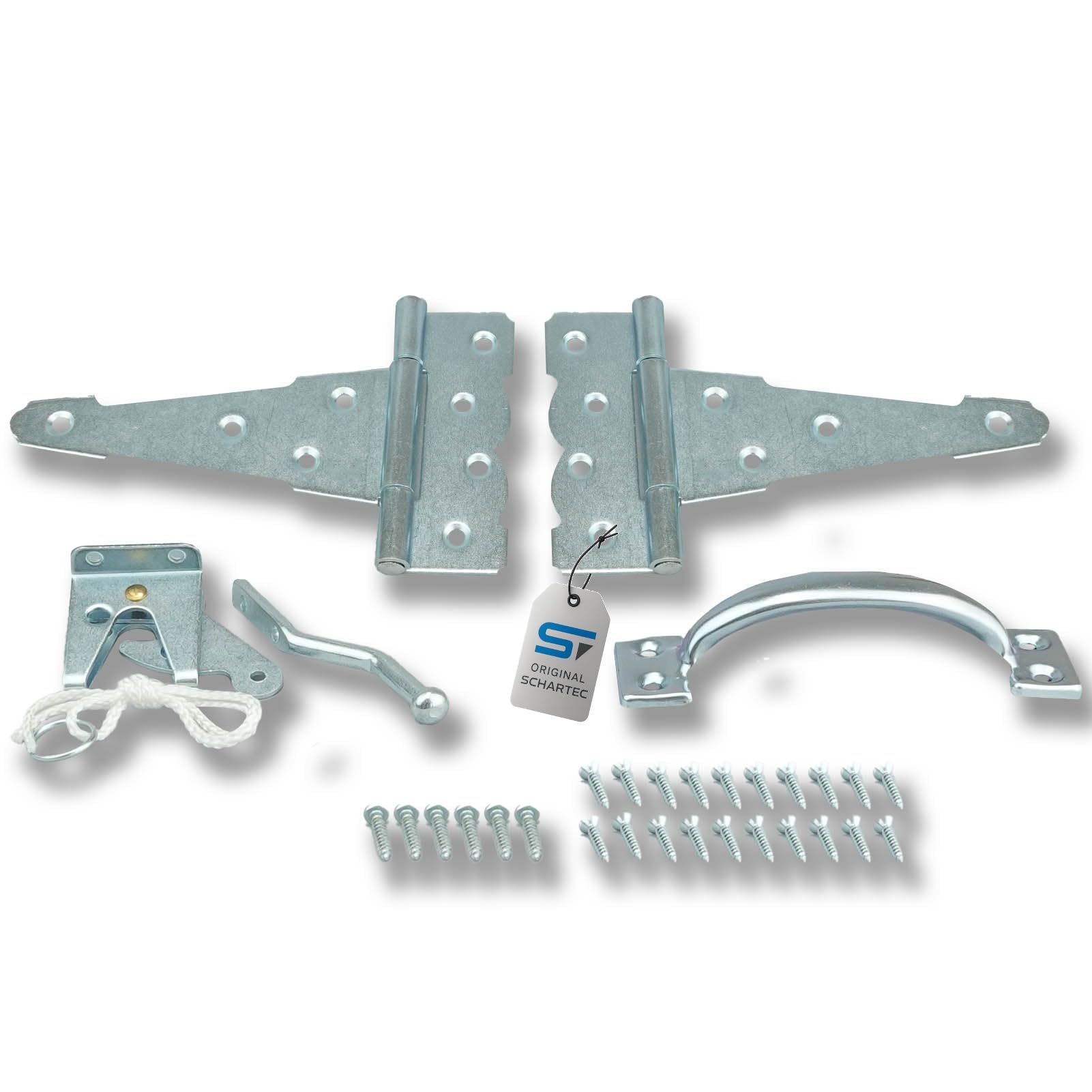 SCHARTEC® Garden Gate Hardware Kit Classic galvanised Hinges Handle and Latch Set for Wooden Gates Lock Bolt Hinge