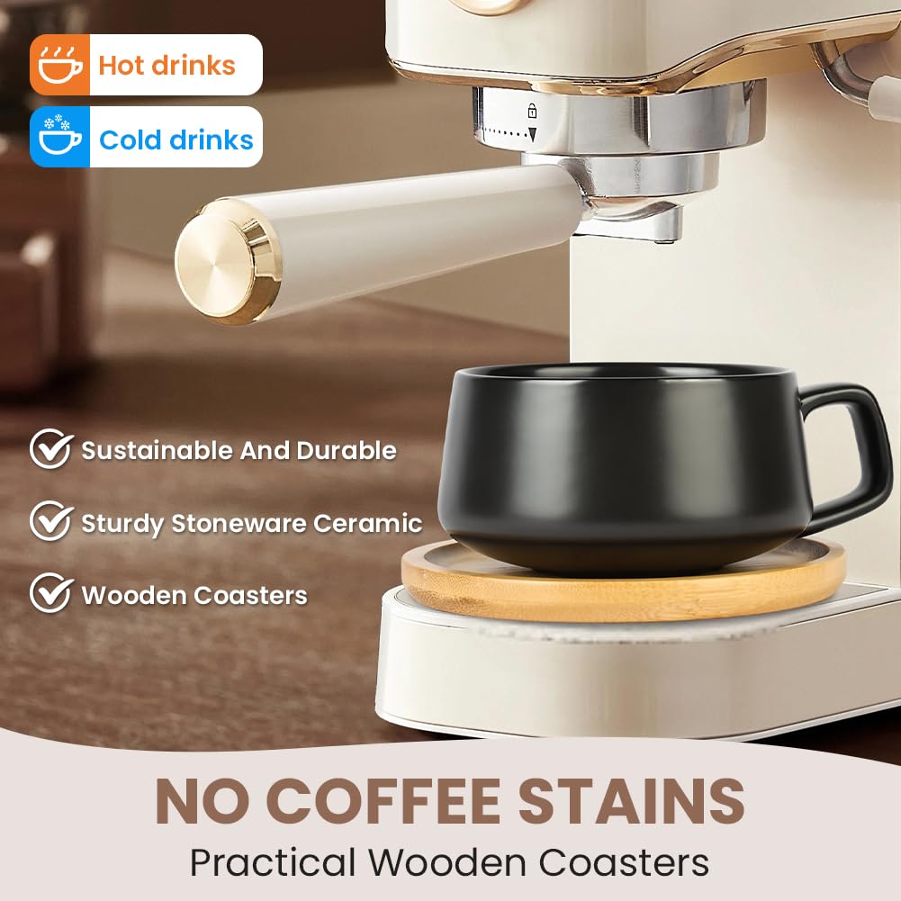 Lot de 4 Tasses à Cappuccino avec soucoupe,320ml Ensemble Tasses à Expresso en Grès,set de tasses et soucoupes,tasses à café avec disque en bois pour café, cappuccino,thé(Noir mat)