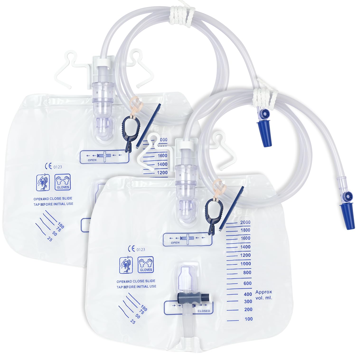 Photo 1 of 2 Pack Urinary Drainage Bag with Anti-Reflux Chamber, 2000ml Large Capacity, 48" Drainage Tube, Professional Urine Bags with Clips and Hanging Hook, Catheter Bags for Men
