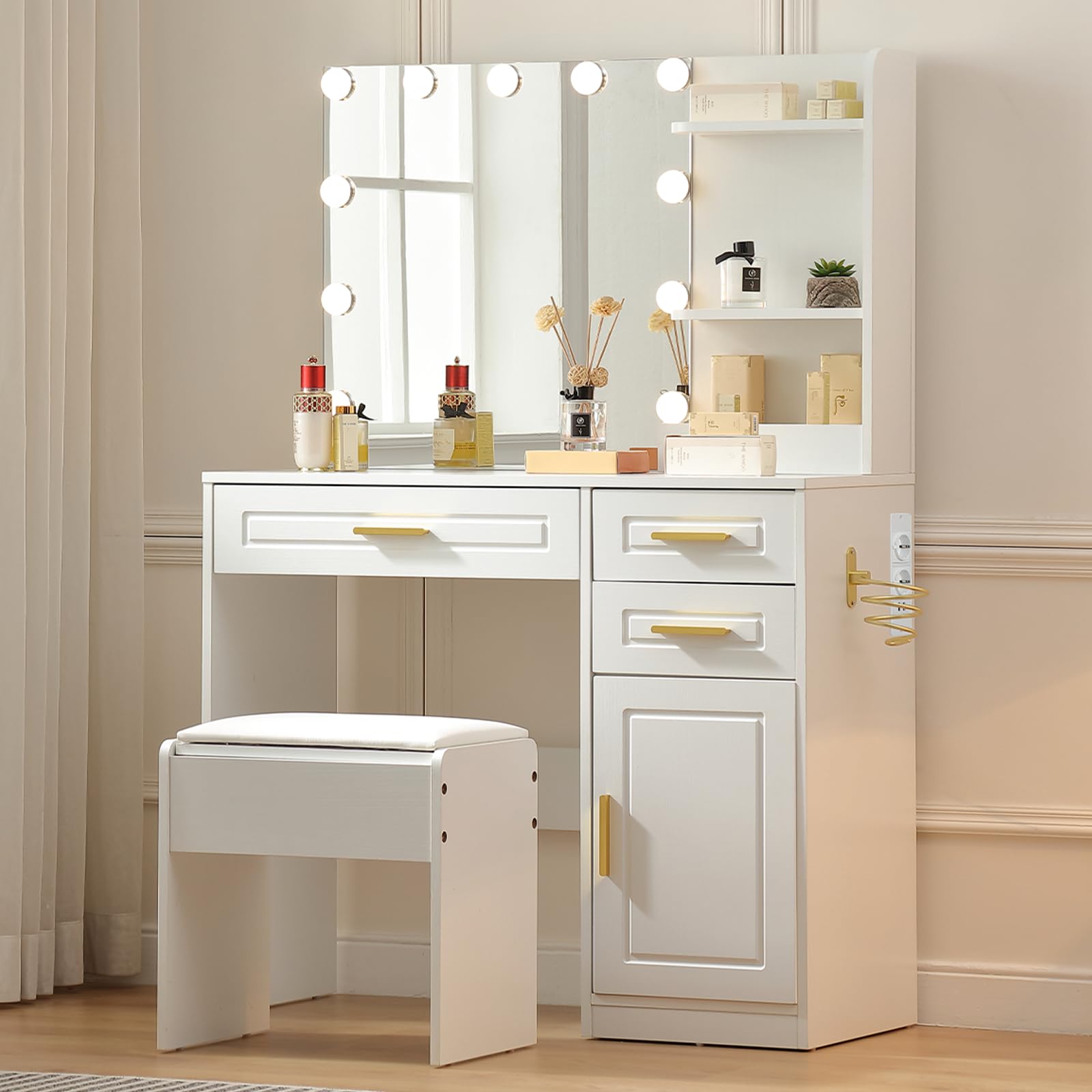 FOREST GRAVITY Makeup Vanity Desk Make-uptafel met spiegel en verlichting, 3 laden, kaptafel, stopcontact, stoel, 3 instelbare kleurmodi, voor slaapkamer, wit