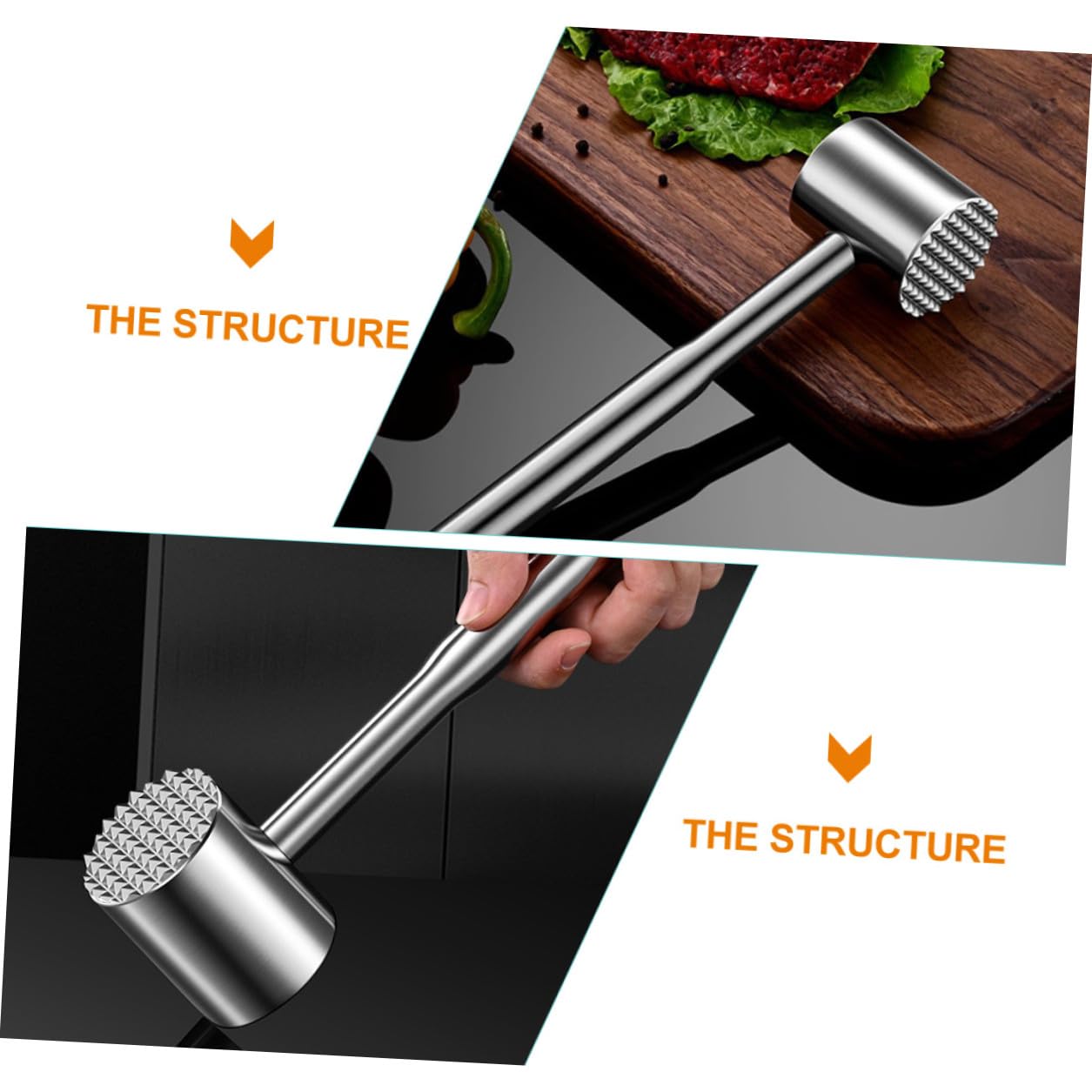 Multifunktionaler Fleischklopfer aus Hochwertigem Edelstahl Doppelseitiger Fleischhammer mit Nadel und Glatter Fläche zum Zartmachen von Steak Huhn und Schweinefleisch Ergonomisch