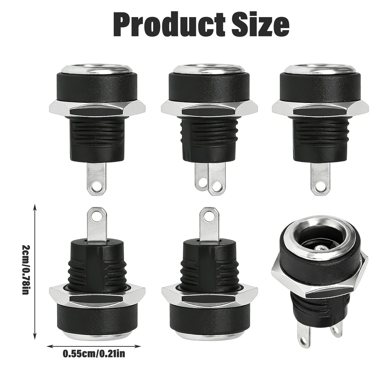 Nivofu 6x Presa Jack Alimentazione DC 5.5 x 2.1 mm, Connettore Femmina da Pannello a 2 Pin con Dado e Rondella, Adattatore di Montaggio in Metallo per Progetti Fai-da-Te, Riparazioni Elettroniche