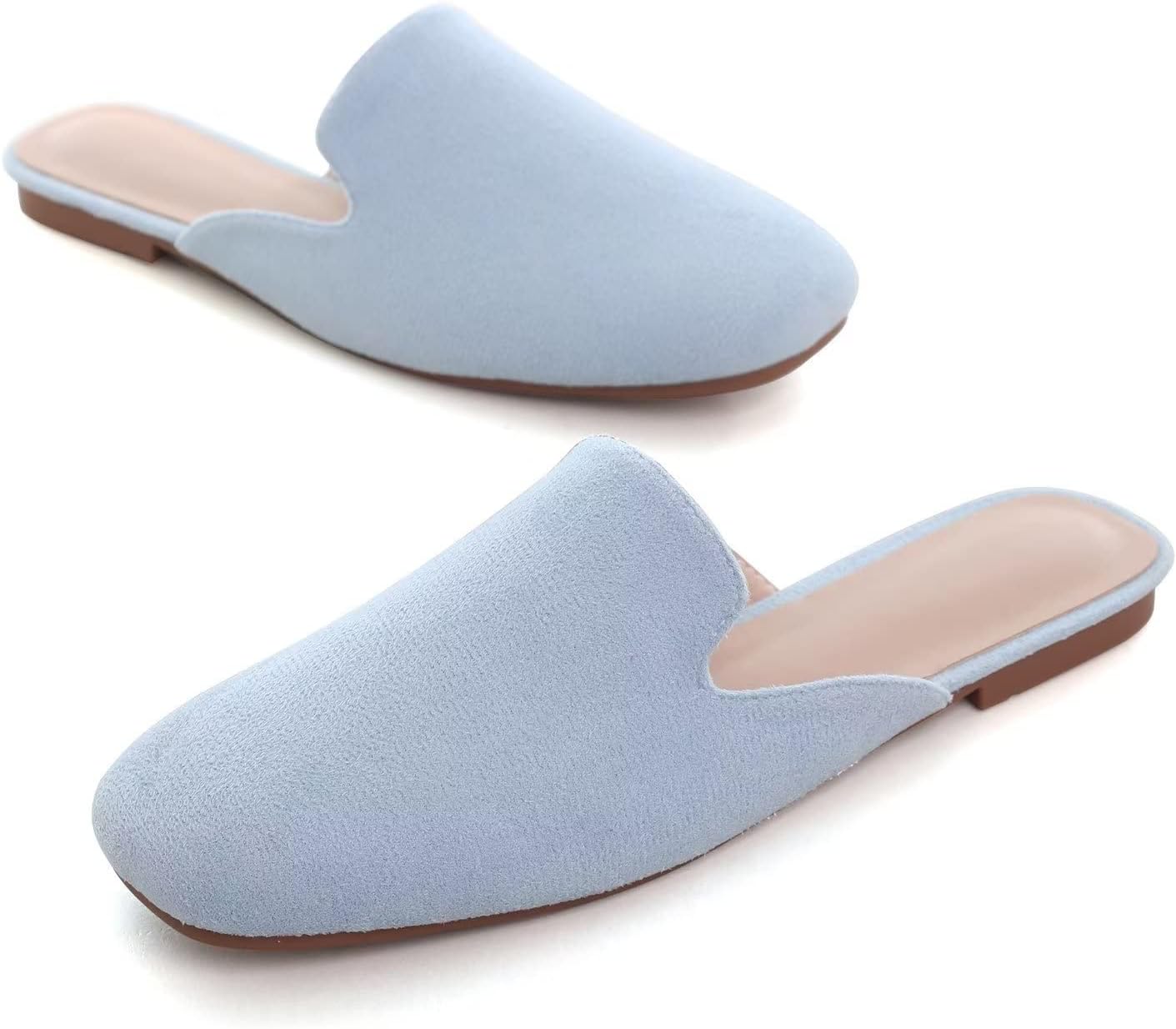Hee grand Mules for Women Flats Square Toe Slip on Flat Slides Comfortable Suede Women Slippers Backless Loafer Shoes