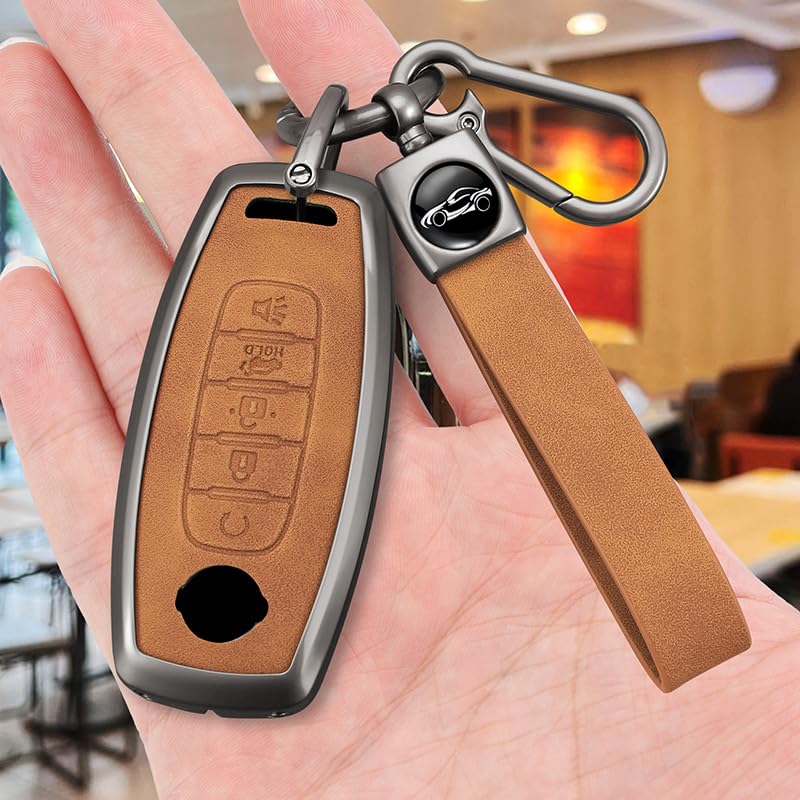 SANRILY Metal Leather Key Fob Cover For Nissan Rogue 2023-2024, 5-Button Smart Key