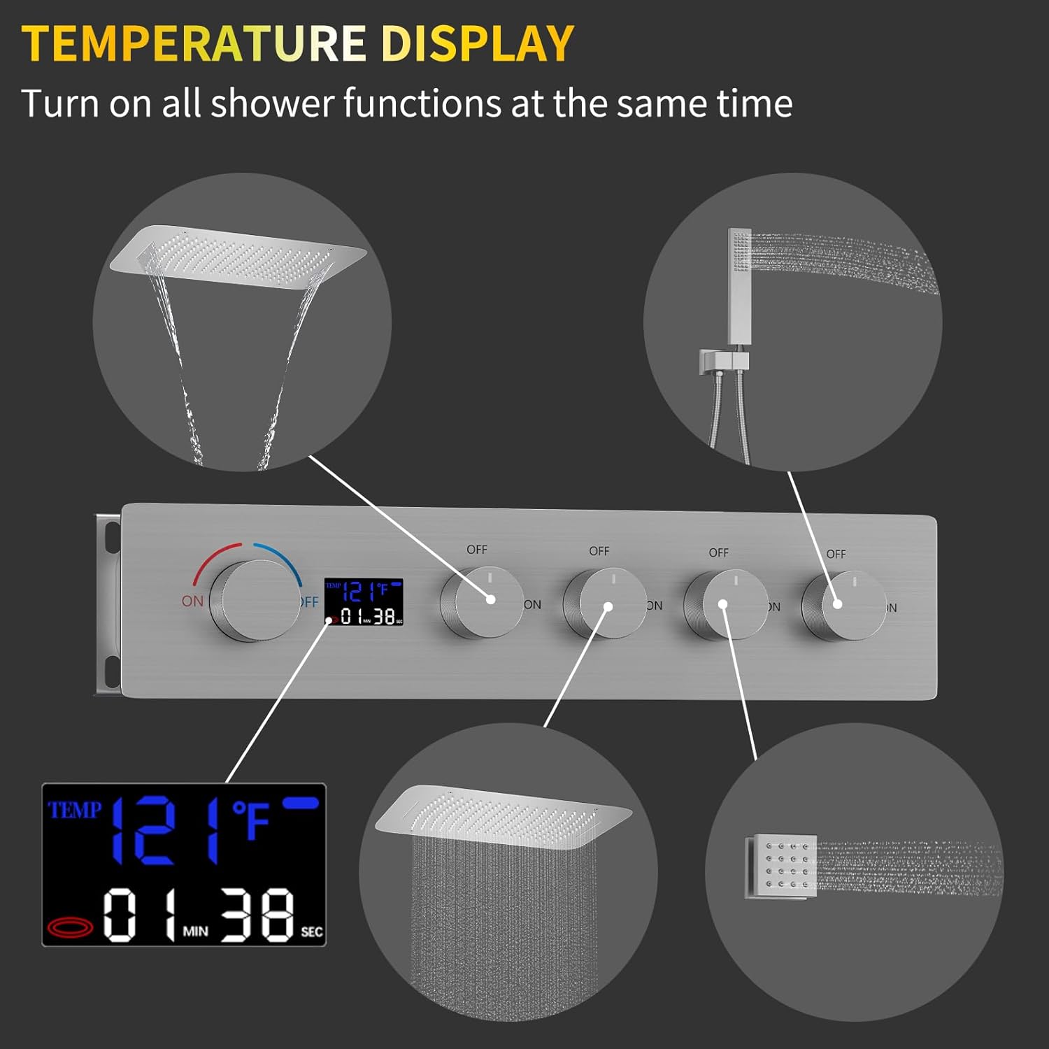 AYIVG Multifunctional Thermostatic Shower Set Digital Display Rain Shower System Brushed Nickel Shower Body Spray System Bathroom Full Body Shower Set With 16 * 24"Multi Shower Head