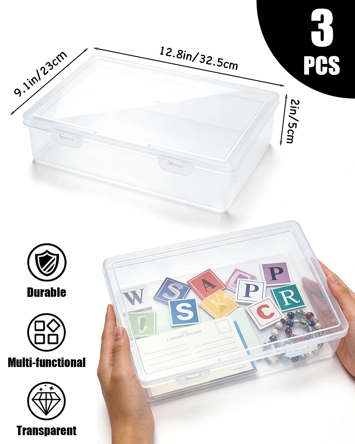 Scatola organizer per carta, confezione da 3 scatole in plastica per foto, documenti, documenti, documenti, foto, 32 x 23 x 5 cm