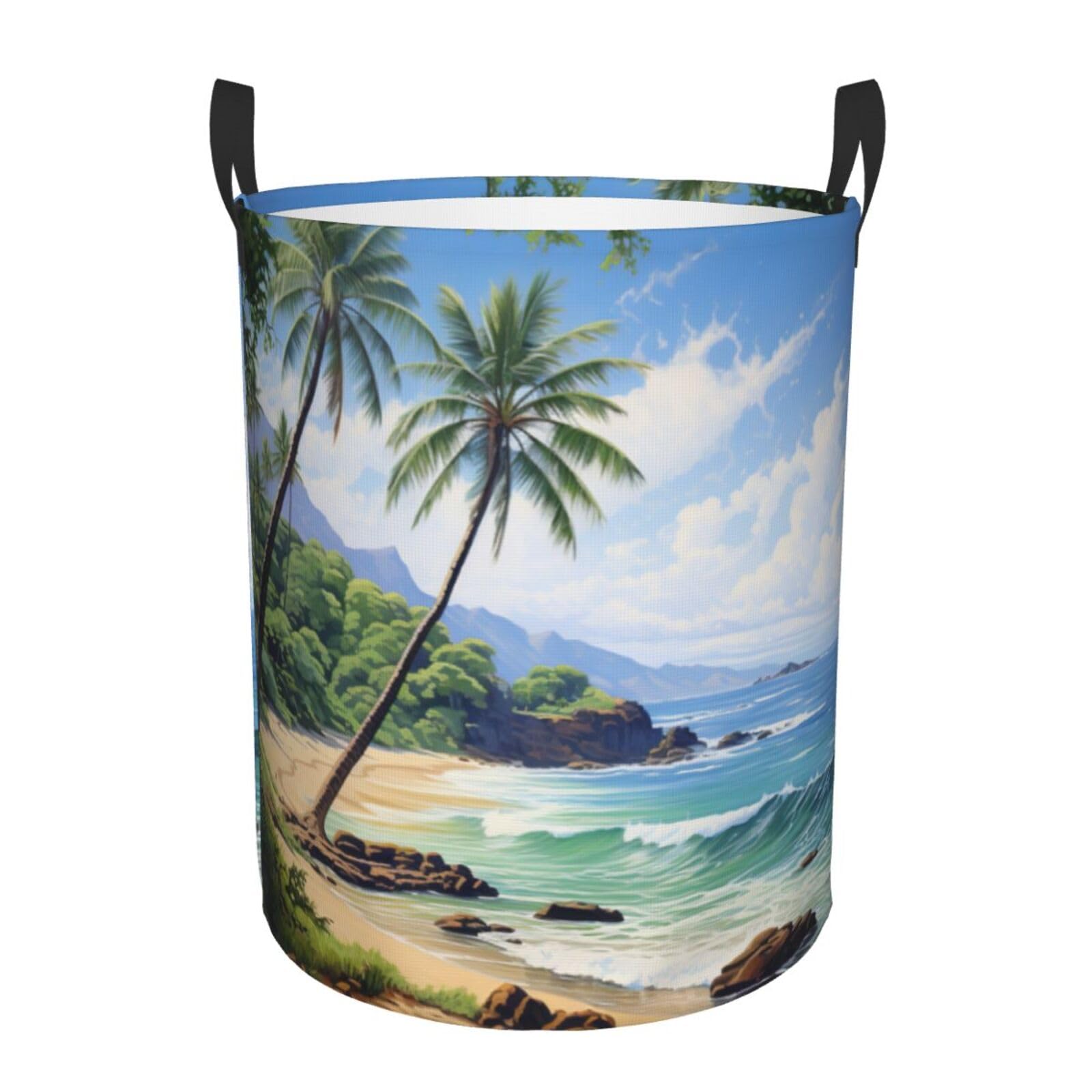 S Collapsible Laundry Hamper Round Hawaiian Beach with Palm Trees Print Storage