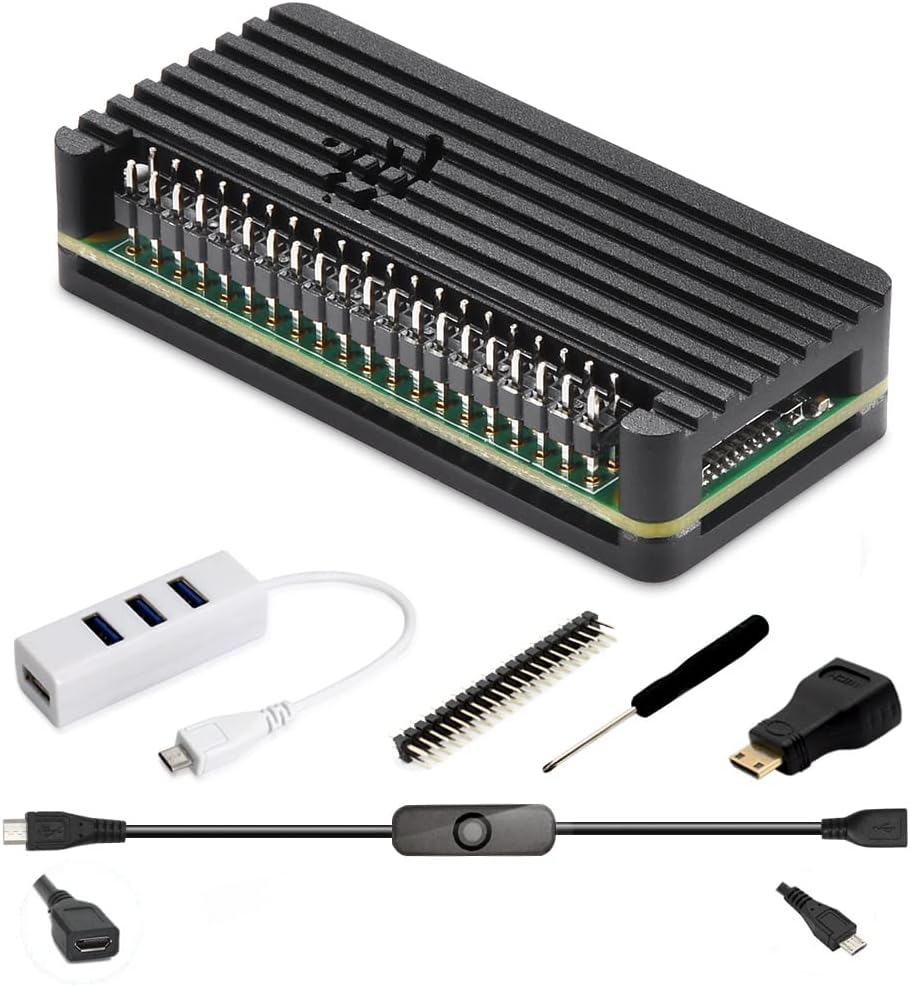 Pi Zero Aluminum Case Kit with Pin Header, OTG Hub, HDMI Adapter, On/Off Switch for Pi Zero 2