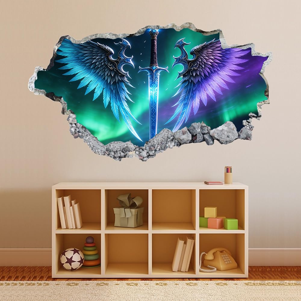 Decorazione da parete 3D, Ali Blu-Viola Stanza dell'autoadesivo della parete smontabile Spada Aurora per bambini Nursery Decorazioni