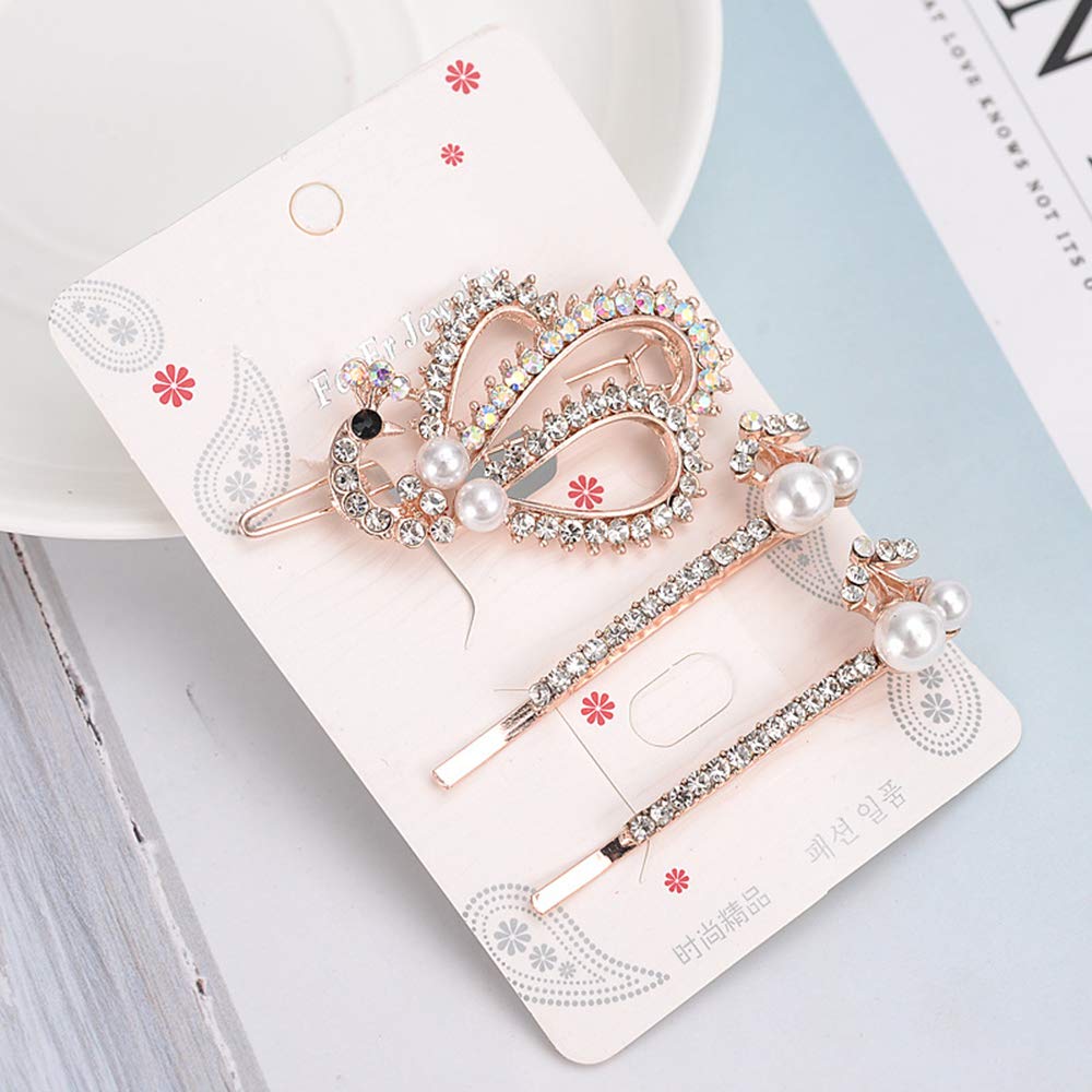 LETSP Diamond bows hair clips bangs hair clips Pearls Hair Clips Set bridal crystal hair pins decorative (peacock)