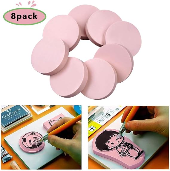 8 Pcs 2x2 Pink Rubber Carving Blocks for Stamp Soft Rubber Crafts, Soft and Easy to Carve (Round)