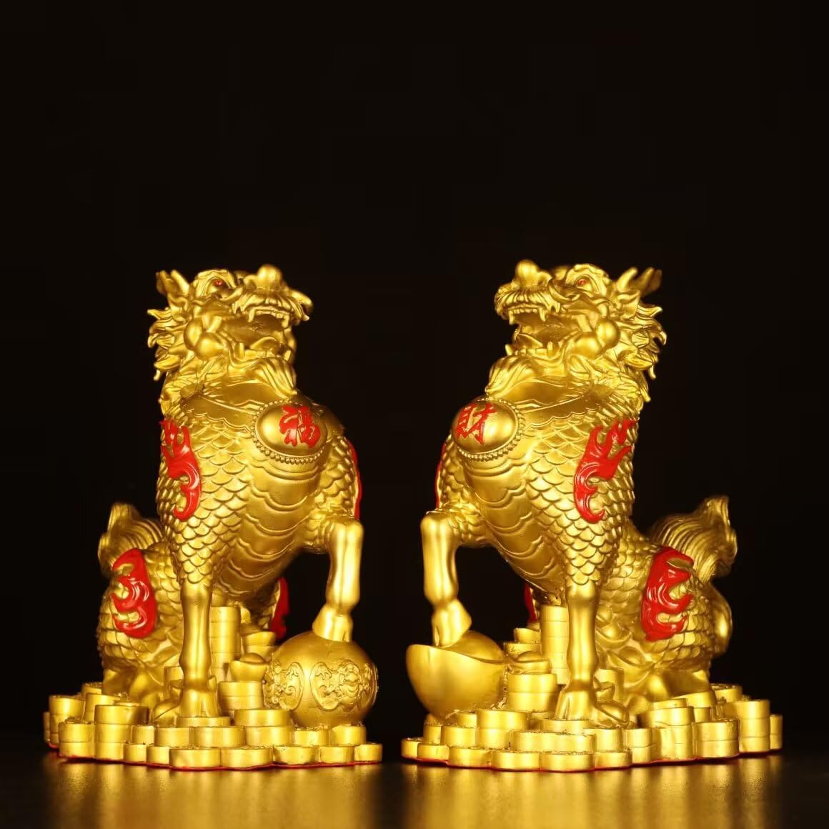 Dytartzx Feng Shui Statue - A Pair of Golden Auspicious Beasts - Wealth, Prosperity and Good Luck Sculpture - Home Decoration