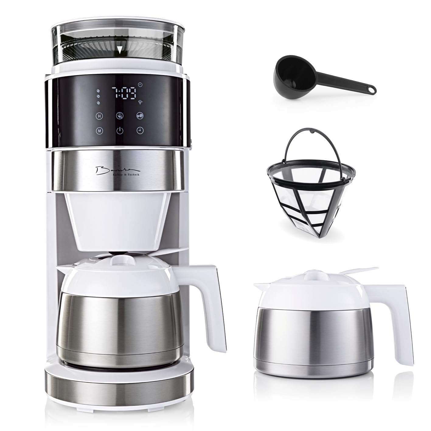 Barista Machine à café blanche avec écran tactile digital 800W + broyeur intégré et carafe isotherme | Cafetière filtre avec moulin à café et verseuse thermique