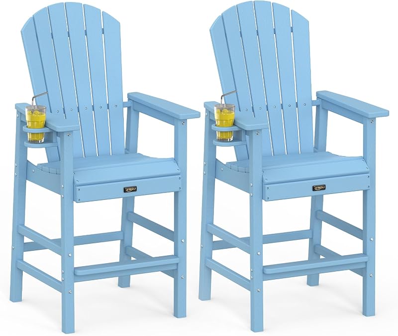 VINGLI Tall Adirondack Chairs Set of 2, All-Weather Plastic Adirondack Chair with Cup Holders, Heavy-Duty HDPE Outdoor Bar Stools for Patio, Balcony, Pool, Backyard (Blue, 2 PCS) image 6