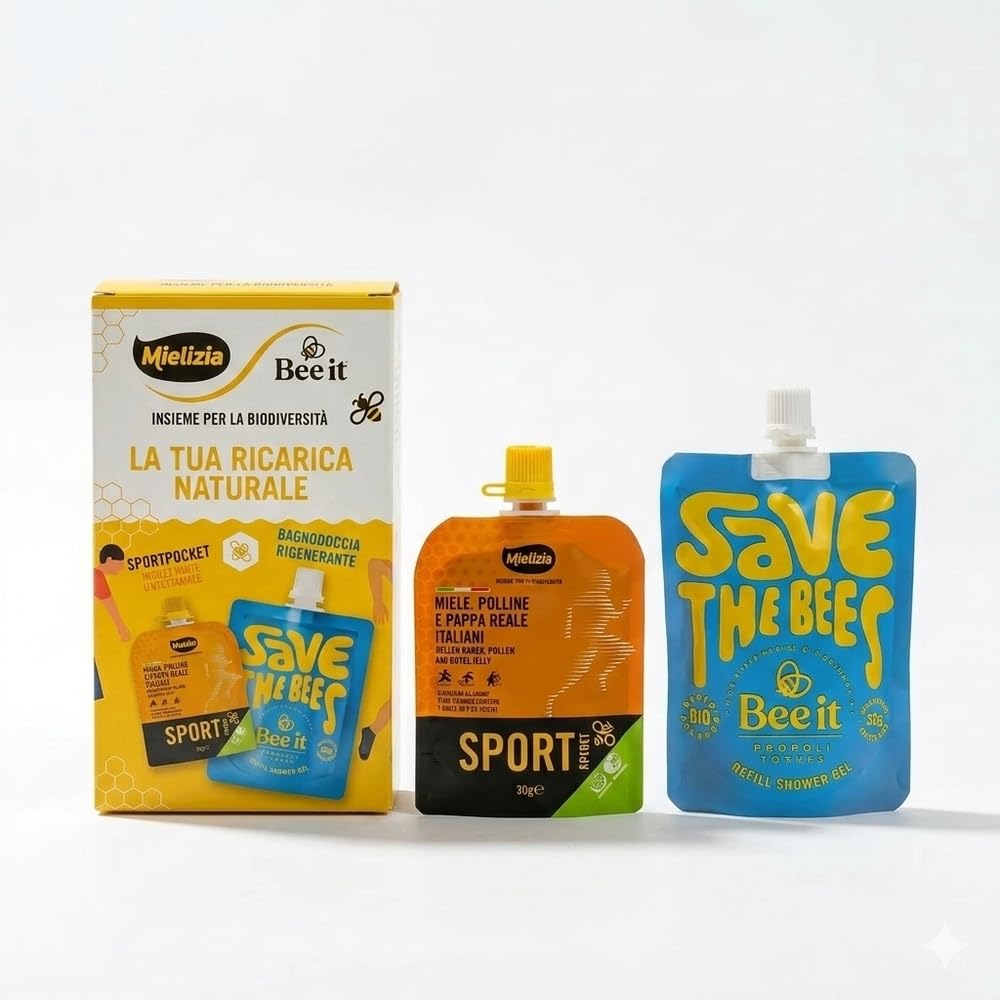 Bee it x Mielizia Kit Sport Ricarica Naturale – SportPocket Miele, Polline e Pappa Reale + Bagnodoccia Rigenerante 250 ml con Miele Biologico – Cofanetto Energia e Recupero Post Workout