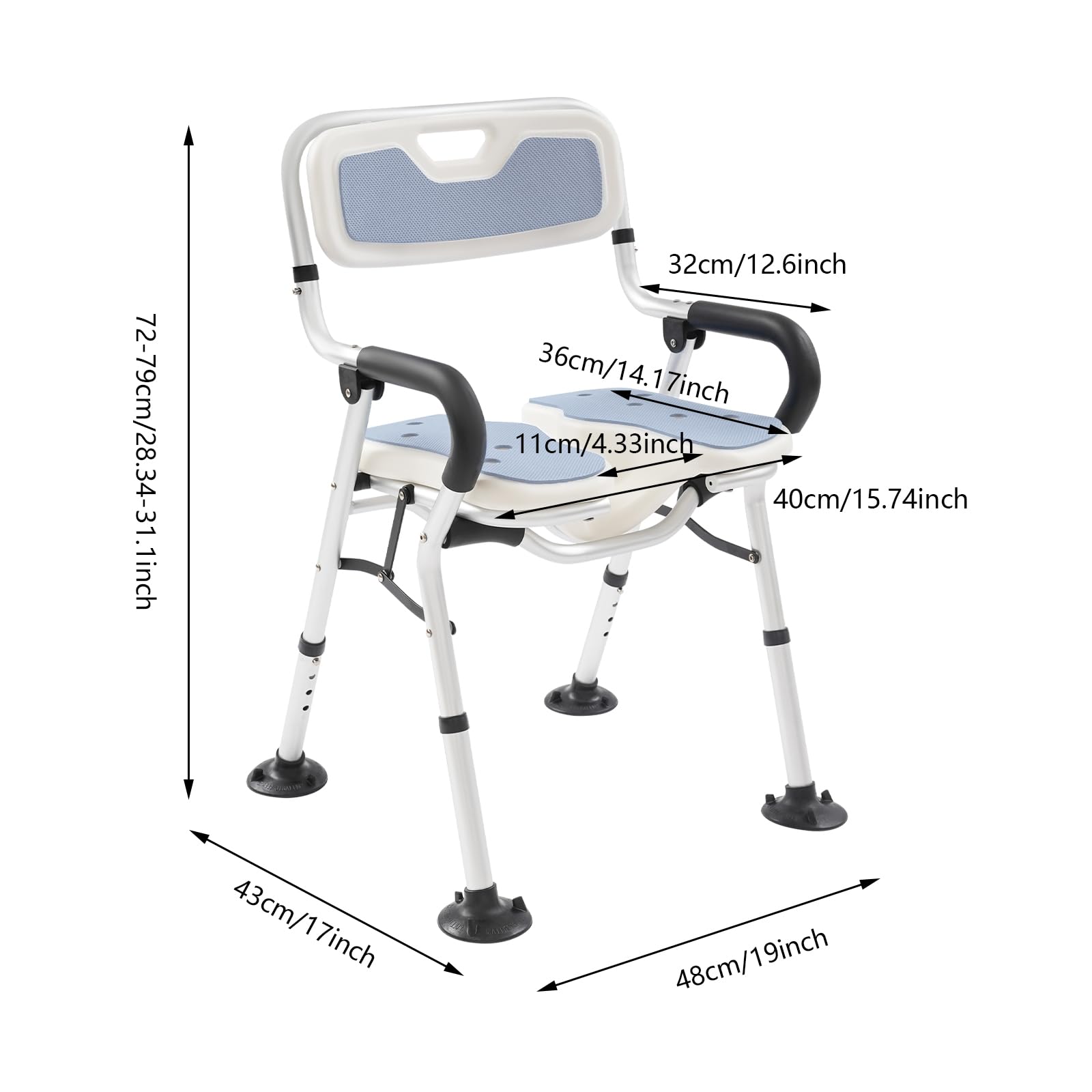 Silla de ducha plegable, taburete de ducha de aleación de aluminio, cuello en forma de U + pies antideslizantes, hasta 150 kg, asiento de ducha para embarazadas y adultos (gris, XL)