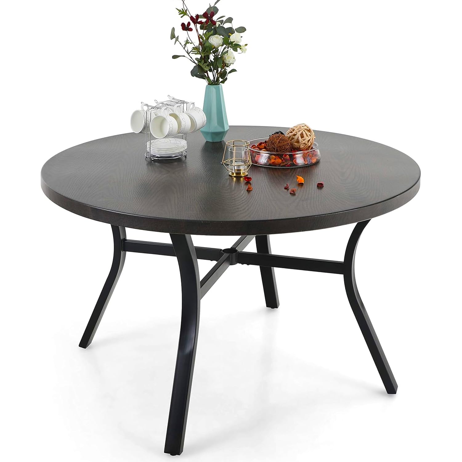 PHI VILLA 44 Inch Large Metal Round Table for 4, Wood-Like Top Patio Table with Umbrella Hole, Large Modern Furniture for Deck, Porch, Yard - Black