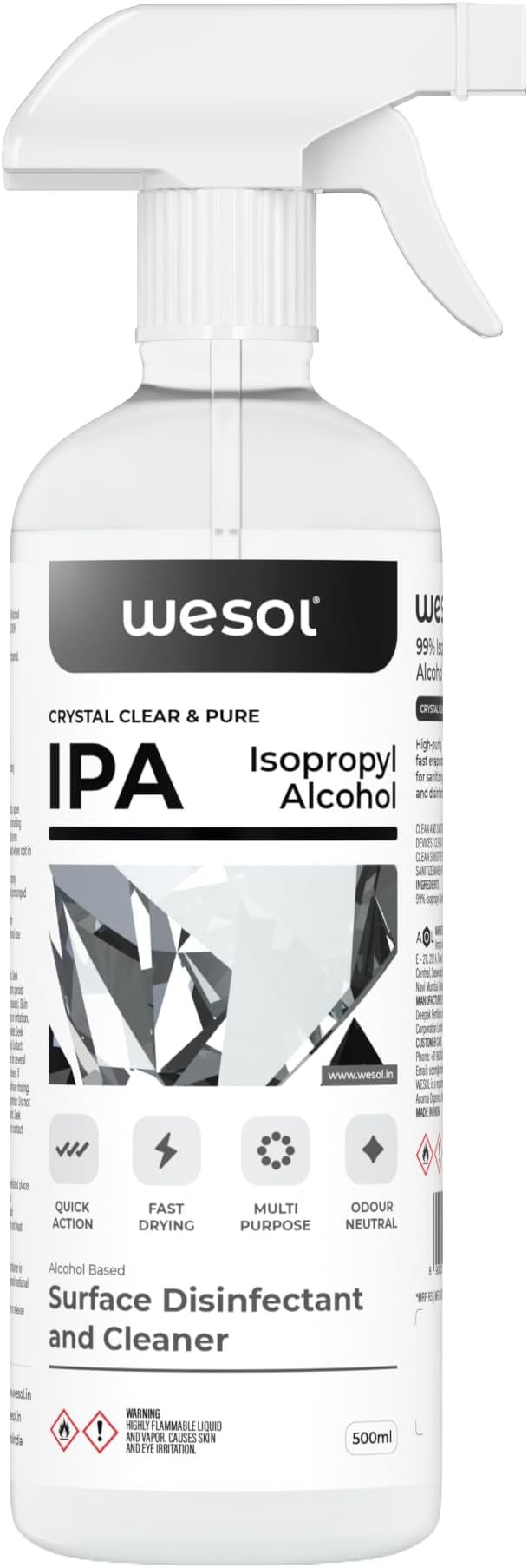 Wesol IPA Isopropyl alcohol 99.9% | (CH3)2-CH-OH CAS: 67-63-0 | Premium Grade Pure without mixing | For Technical Use | 500ml Pack of 1