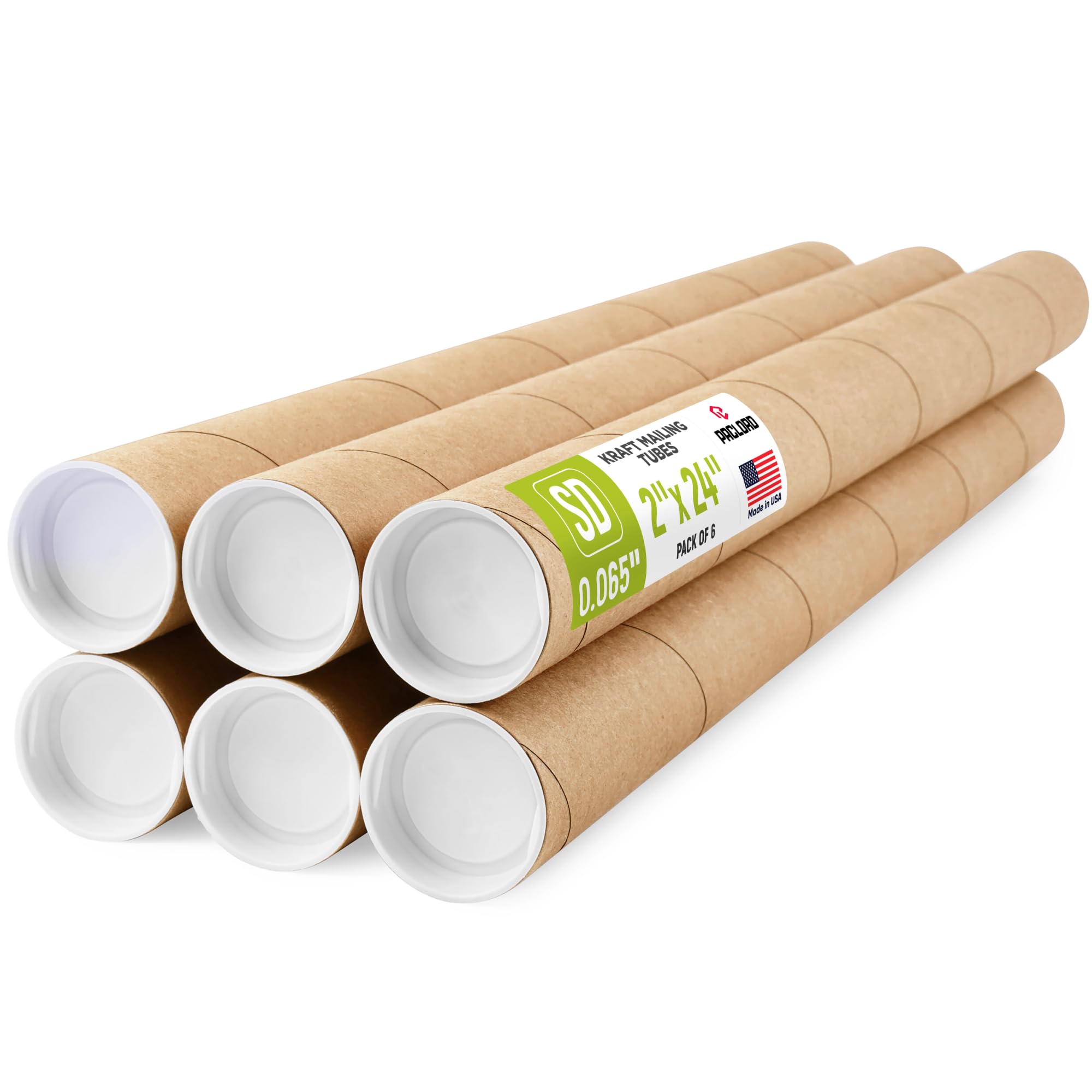 Tubos de correo de papel kraft reforzados de 2 x 24 pulgadas, paquete de 6 tubos con 2 tapas cada uno, tubo de póster aprobado por USPS, tubo de cartón fabricado en Estados Unidos para enviar y