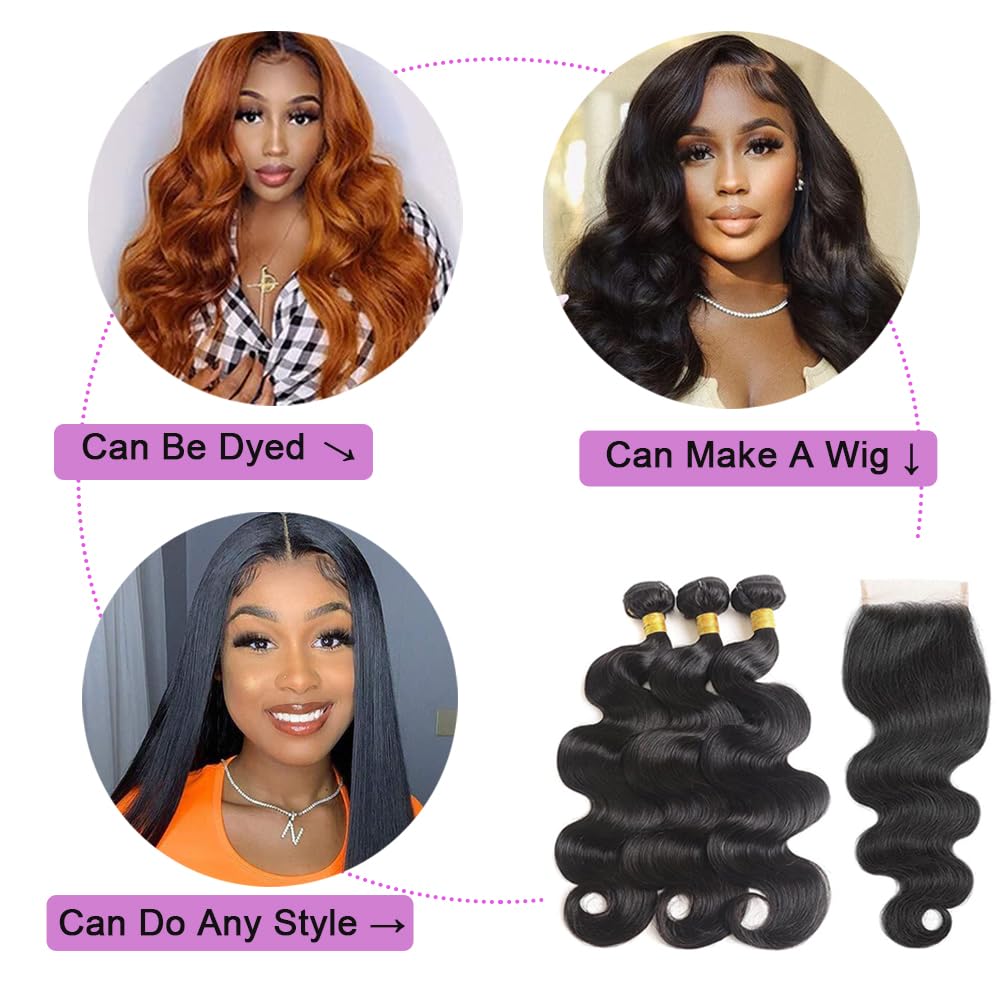 Bundles with Closure Human Hair Body Wave 12 14 16+10 Inch 100% Unprocessed Brazilian Virgin Hair Extensions 3 Bundles with 4x4 Free Part Lace Closure Natural Black
