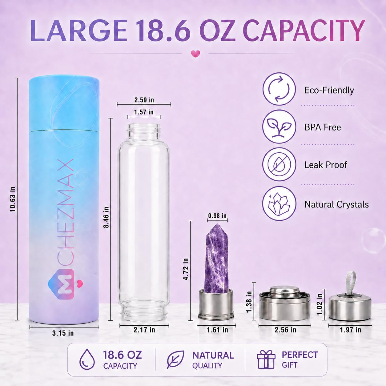 ChezMax Botella de agua de cristal con cristal natural extraíble