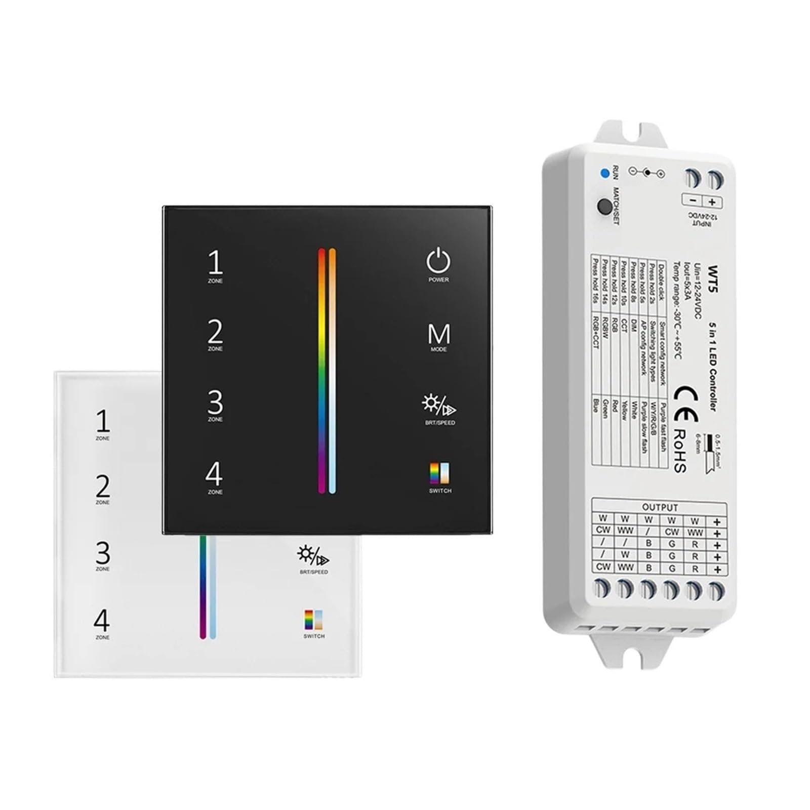 RGBCCT - Kit controller per striscia luminosa a LED, DC 12 V 24 V, dimmer 2,4 G, 4 zone, montaggio a parete con pannello touch (1 kit WT5 e T25W)