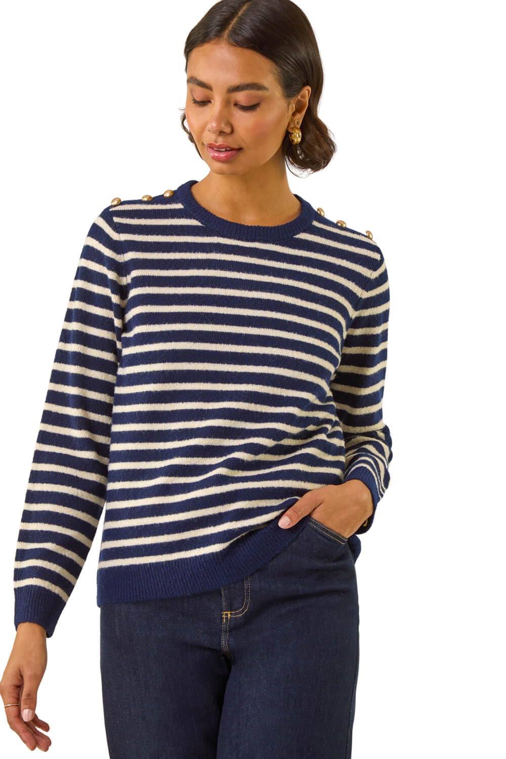 Roman Women's Navy Stripe Buttoned Knit Jumper Size 14