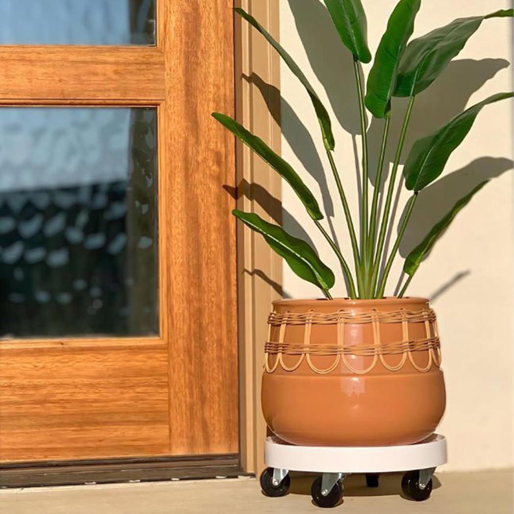 12" Rolling Plant Caddy with Wheels, Heavy Duty Plant Pot Stand with Casters & Locking Wheel, Indoor Outdoor Planter Base for Pots, Round Plant Tray, White