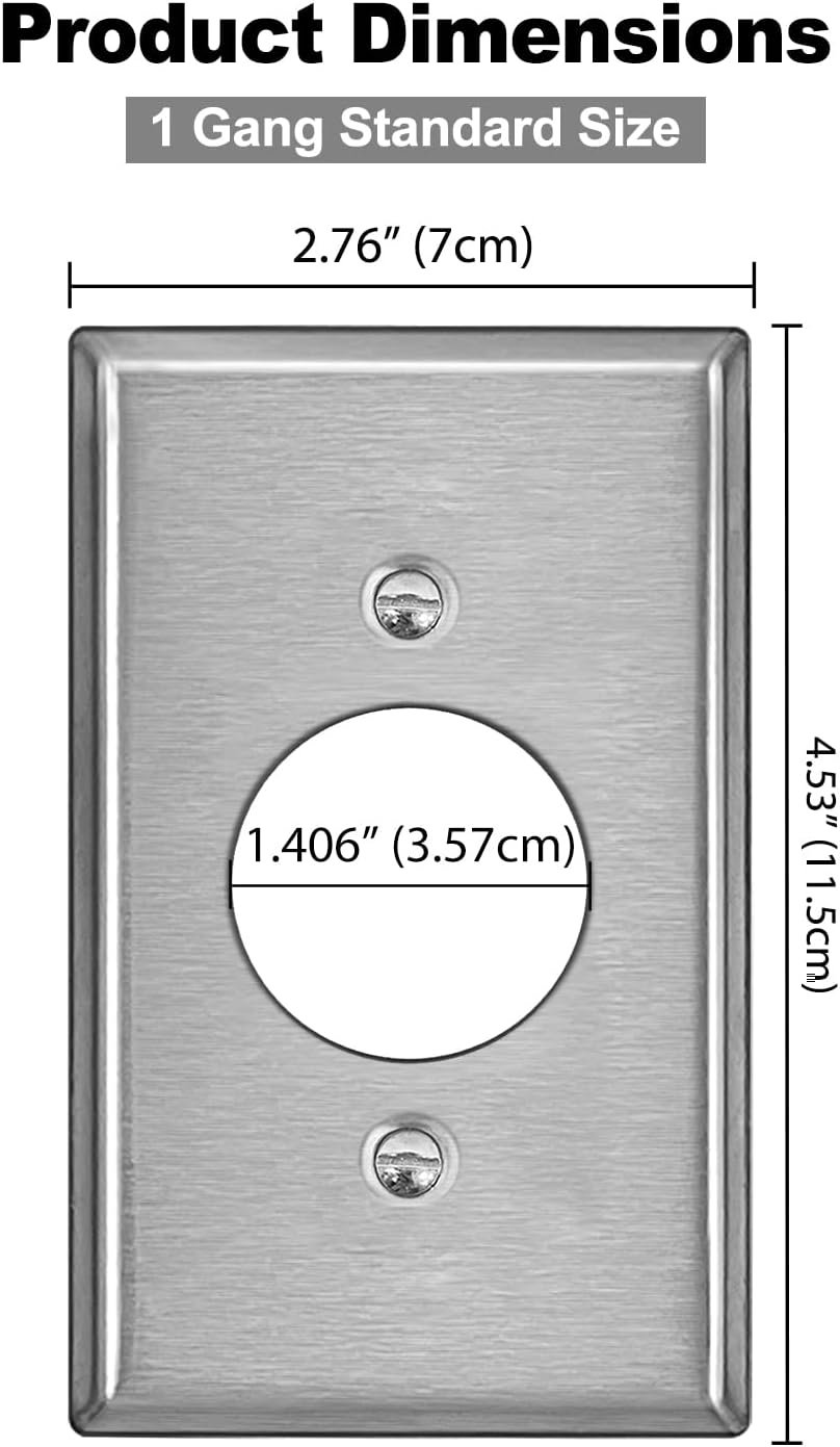 BESTTEN 2 Pack 1-Gang 1.406-Inch Hole Metal Wall Plate with Ｗhite or Clear Plastic Film for Single Receptacle, Anti-Corrosion Stainless Steel Outlet Cover, Standard Size