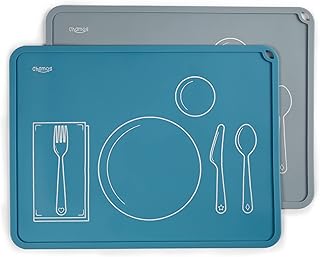 CHAMOS Montessori Placemat for Toddlers - Kids Silicone Mats for Dining Table - Set of 2 - Table Setting Learning (Blue and Grey)