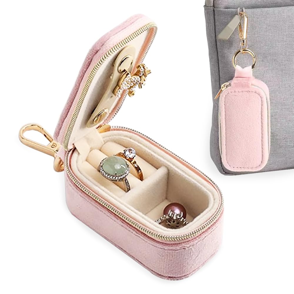 FCGOD Velvet Mini Travel Jewelry Case - 2-in-1 Ring Holder Keychain for Women Portable Clutch Organizer for Earrings